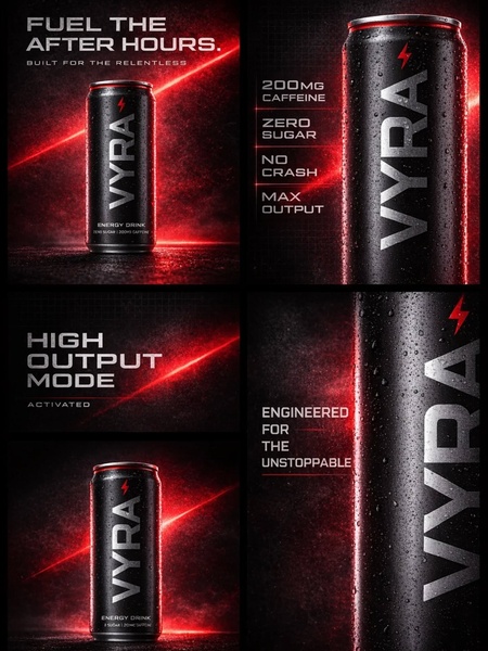 energy drink, energy beverage, caffeinated drink, performance drink, sports drink, product launch, brand awareness, minimalist, modern typography, energetic, bold, red, black